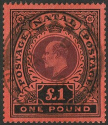 1908-09 KEVII £1 purple & black/red. Superb VFU with Durban cds. ...
