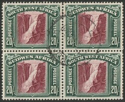 1931 Waterfall 20/- lake & blue-green, bilingual blk of 4. VFU. Scott ...