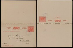 Postcard: 1902 Swan 1d+1d red & QV 1½d+1½d blue on green double ...