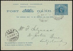 Postcard: 1902 QV 1½d + 1½d blue on greenish double reply card. VFU ...
