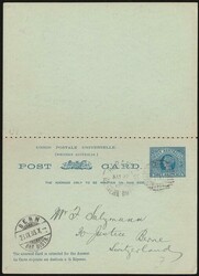 Postcard: 1902 QV 1½d + 1½d blue on greenish double reply card. VFU ...