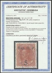 Western Ukraine: 1918 Kolomyja 'Ukr. N. R.' opt on Austria 5/15h ...