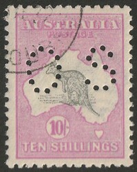10/- Grey & pale aniline pink perf OS, CTO with gum, W/C. VFU. SG O51 ...