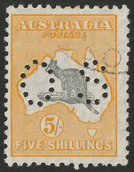 5/- Grey & Yellow orange perf OS, CTO with variety 'Short Spencer's ...