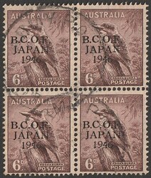 1946-47 BCOF Japan opt Kookaburra 6d purple-brown, se-tenant blk of 4 ...