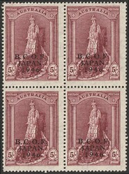 1946-47 BCOF opt on Robes 5/-, thin paper, blk of 4. VF fresh MNH. SG ...