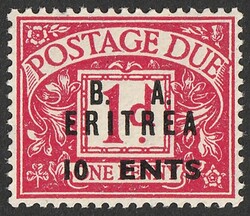Eritrea: 1950 'BA ERITREA 10 CENTS' opt Postage Due 1d carmine, error ...