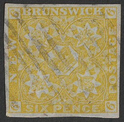 1851-60 Crown & Flowers 6d mustard-yellow. VFU appearance, tiny thin, ...