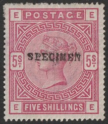 1883-84 QV 5/- crimson, letters EE-EE, on white paper, opt SPECIMEN ...
