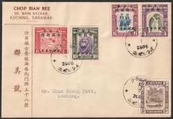 Sarawak: 1945 cover franked North Borneo 3-line opt Pictorials 5c, 6c ...