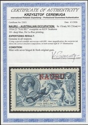 1916-23 'NAURU' opt KGV Seahorses 10/- deep blue, DLR printing. VF ...