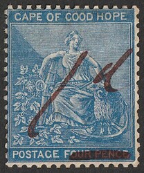 1874 '1d' red m/s Surch Cape Hope Seated 4d blue, wmk crown CC. VF M ...