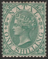 1867 QV 1/- green, wmk Crown CC. F-VF fresh M. Scott 17 cat US$275. ...