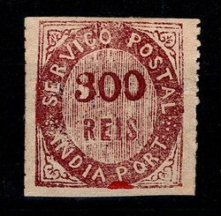 Índia * 1871 – Nativos. Tipo II. MF13, 300 réis, violeta, papel ...