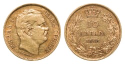 Sérvia * 10 Dinars. Milan I, 1882, Vienna (Áustria). MBC+. Peso 3 ...