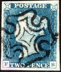 England, Mi. 2, Victoria 2 d blue, letters FB, black Maltese cross ...