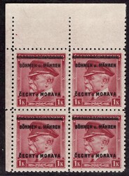 10 LH, TGM, corner block of 4, red 1 CZK, with a dot, tested by ...