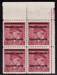 10 PH, TGM, corner block of 4, red 1 CZK, with dot tested Gilbert