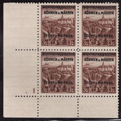 16 LD, wide margin, corner block of 4 with dot and plate number 1, ...
