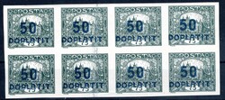 DL 19; block of eight, value 50/ 75 h, grey-green, overprint in blue, ...