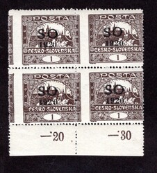 SO 1 B, 1 h brown, line perforation 13 3/4., marginal block with ...