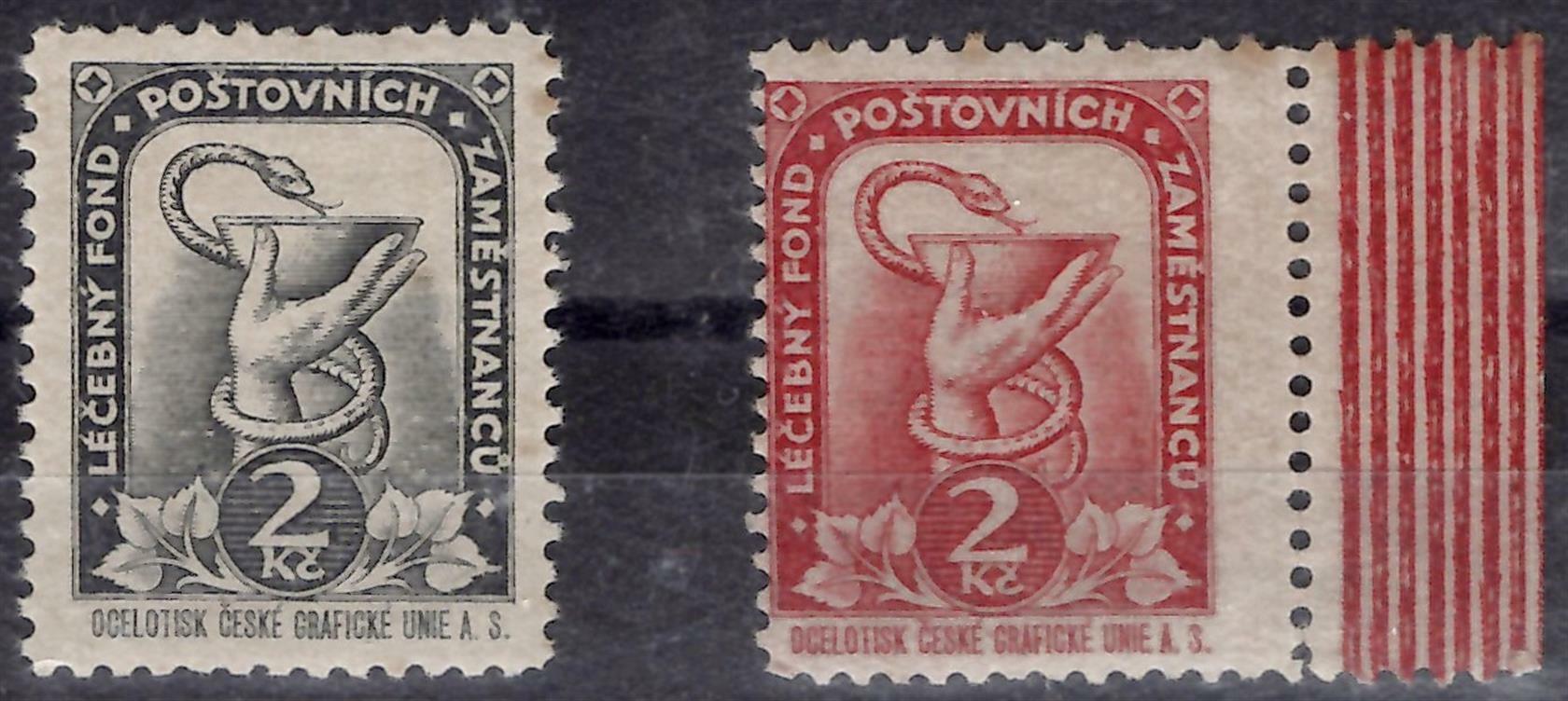 Postal employees' health fund, revenue stamp 2 Kč in red and black
