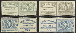 1936. Terza emissione. 10 c. verde scuro, 3 L. grigio oliva uniti a ...