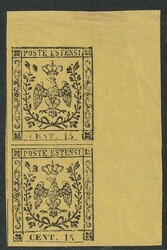 15 Centesimi yellow, beautiful vertical pair, corner sheet, hinged, ...