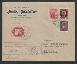1945,Cover from Verona to Milano, franked with 14 Lire Coralit value, ...