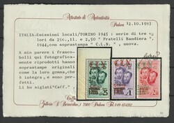 1945, "CLN TORINO", complete set of 3, MNH, attest Caffaz, luxus ...