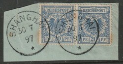 1897, 20 pfg. used pair on piece, forerunner Shangai, nice item