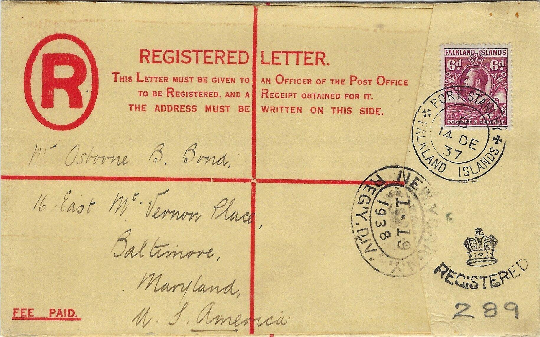 Falkland Islands 1937 Port Stanley Formula Postal Registration ...