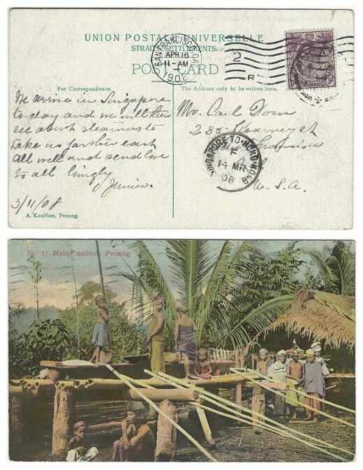 Malaya 1908 Singapore Picture Postcard Sent to the Untied States via ...