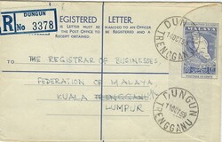 Malaya 1959 Dungun Trengganu 30¢ Postal Registration Envelope Sent ...