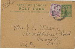 Malaya 1938 Johore Bahru 2¢ Postal Card H&amp;G 1 Sent to the United ...