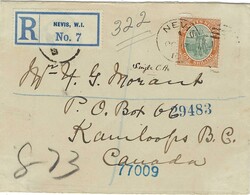 St Kitts 1910 Nevis Envelope Sent Registered to Kamloops Canada ...