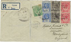 Malaya 1922 Penang Envelope Sent Registered AR to Alfreton England ...