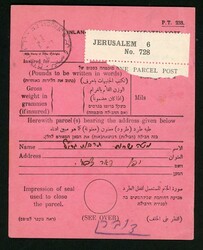 10 und 50 M. a. Inlandspaketkarte aus Jerusalem, ...