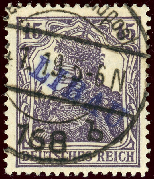 15 Pf. Germania mit violettblauem Aufdruck Typ II zentrisch gestpl. ...