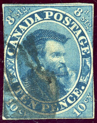 10 P. blau, links schmal, sonst vollrd. Stück, 2 helle Stellen ...