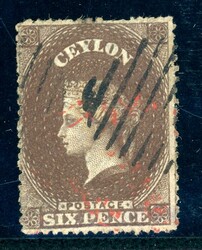 6 P. braun, sauber gest. Kab-Stück mit auch rotem Grenzstempel