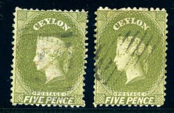 5 P. olivgrün, dünnes und hartes Papier, 2 sauber gest. Kab-Stücke ...