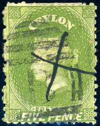 5 P. olivgrün mit spielverkehrtem, sauber gestempelt und Federzug