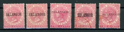 2 C. rosa, 5 versch. Aufdrucke SELANGOR, 3mal * und 2mal gest