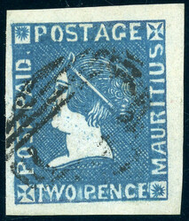 TWO PENCE dunkelblau mit großen Stirnreif, sauber gestempelt, ...