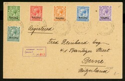 6 Werte a. R-Brief Pleasant Island 1919 nach Bern, rs. Durchg.-St. ...
