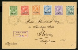 6 Werte a. R-Brief Pleasant Island 1919 nach Bern, rs. Durchg.-St. ...