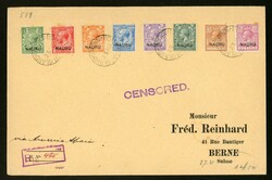 8 Werte a. großform. R-Brief 1917 nach Bern mit viol. L1 CENSORED