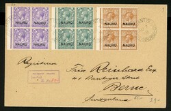 3-5 P. in linken Randviererblocks a. R-Brief von Pleasant Island 1919 ...