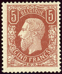 5 Fr. Leopold rotbraun, nahezu postfrisches Luxusstück mit winziger ...